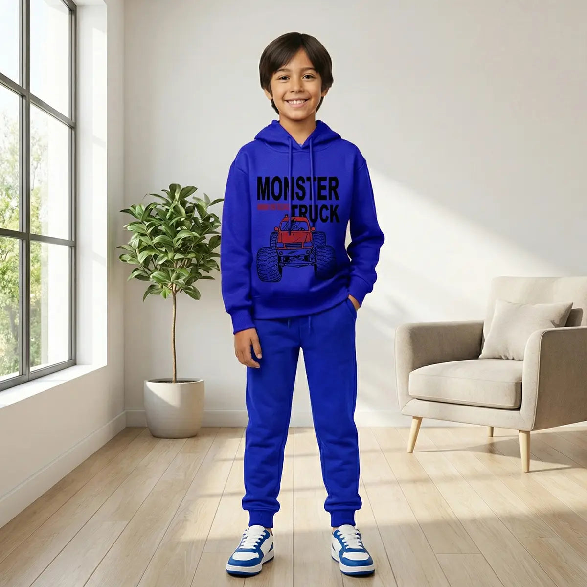 Boys Royal Blue Monster Truck Graphics Hoodies Sweatshirt With Joggers Sets 2 pc. Sets Royal Blue 1-2 Y