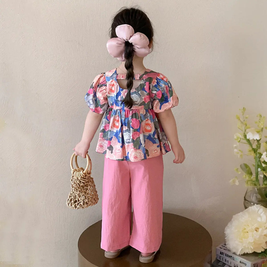 Girls Pink Floral Print Puff Sleeve Top With Pants Sets Sets