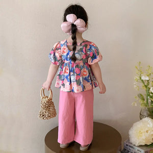 Girls Pink Floral Print Puff Sleeve Top With Pants Sets Sets