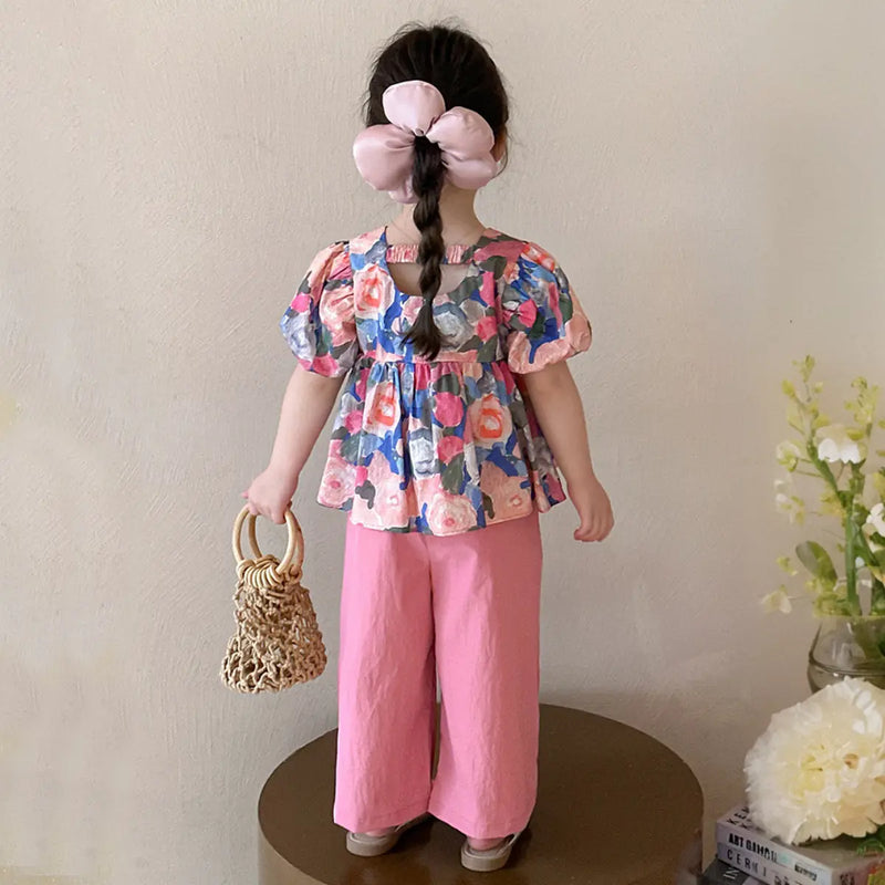 Girls Pink Floral Print Puff Sleeve Top With Pants Sets Sets