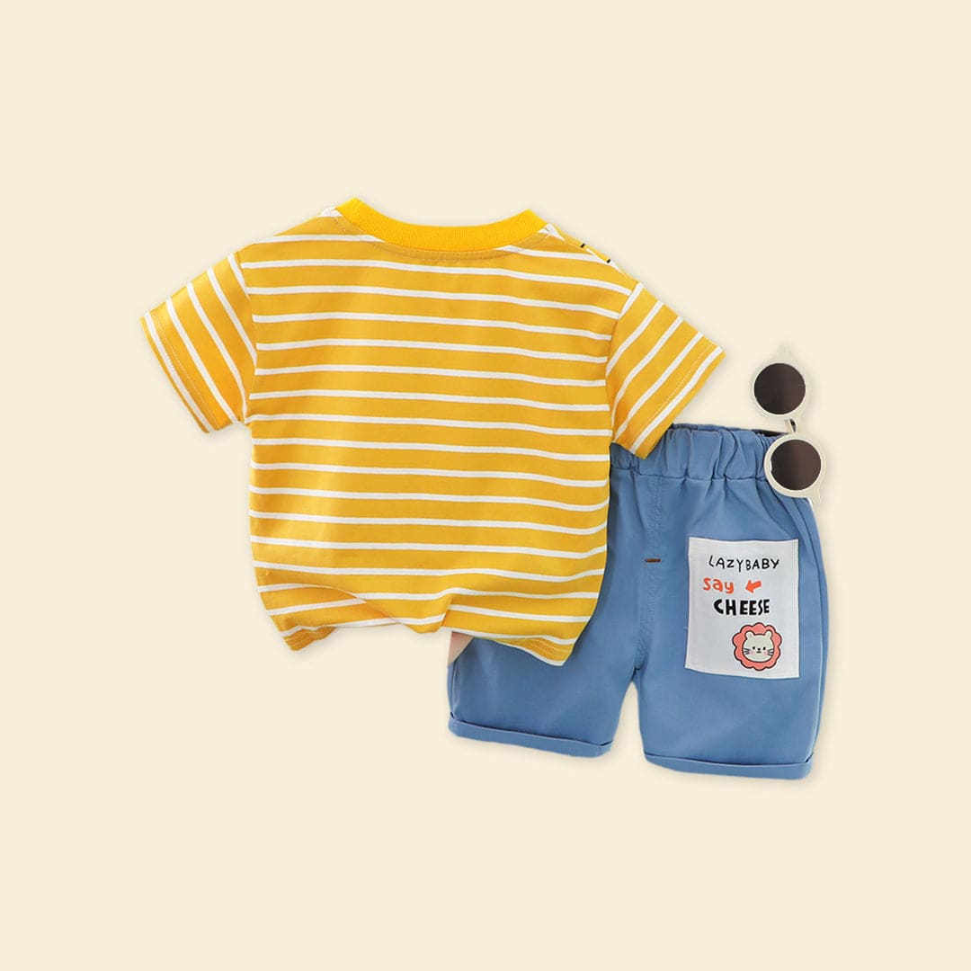 Boys Yellow Striped Lion Applique T-Shirt With Denim Shorts Sets   