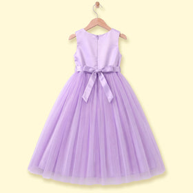 Girls purple sleeveless party gown with floral applique and tulle