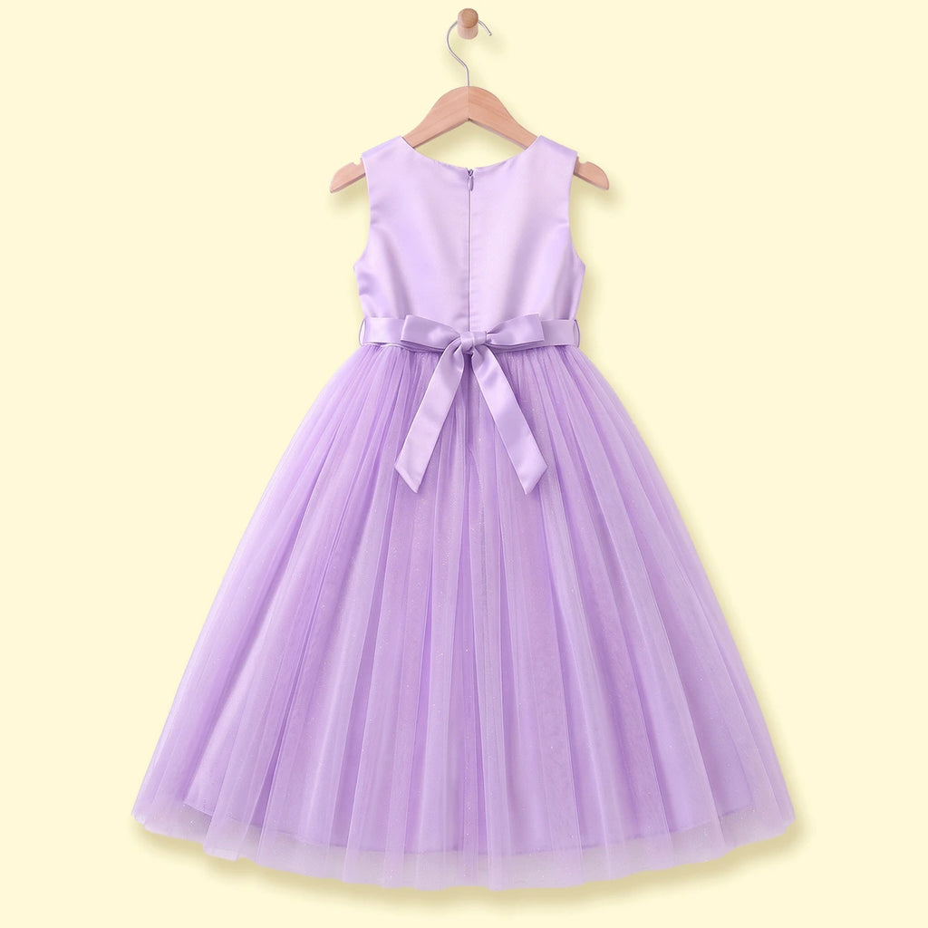 Girls purple sleeveless party gown with floral applique and tulle