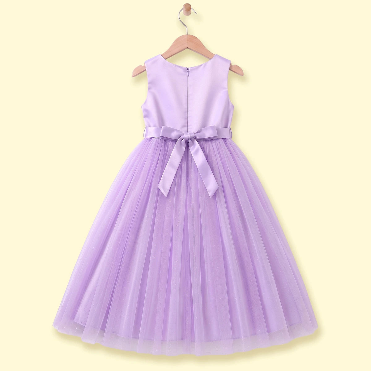 Girls purple sleeveless party gown with floral applique and tulle