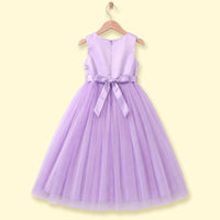 Girls purple sleeveless party gown with floral applique and tulle