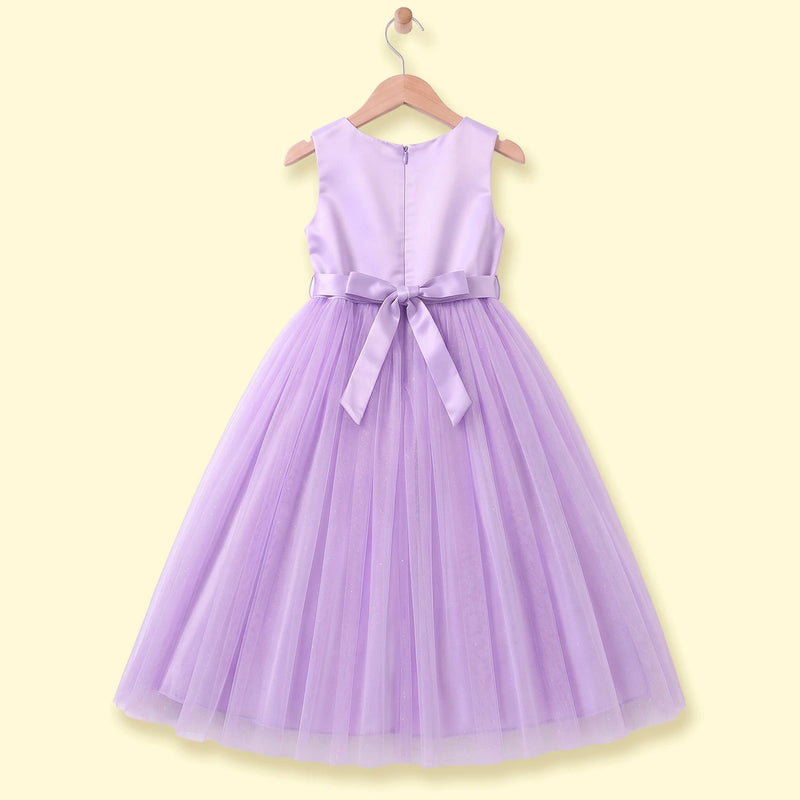 Girls purple sleeveless party gown with floral applique and tulle