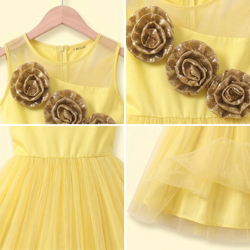 Girls Yellow Floral Applique Sleeveless Party Gown Party Dresses