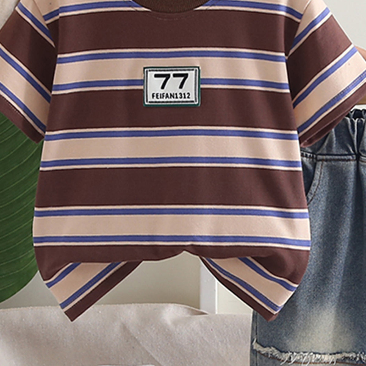 Boys Dark Brown Striped Short Sleeves T-Shirt With Denim Shorts Set 2 pc. Sets