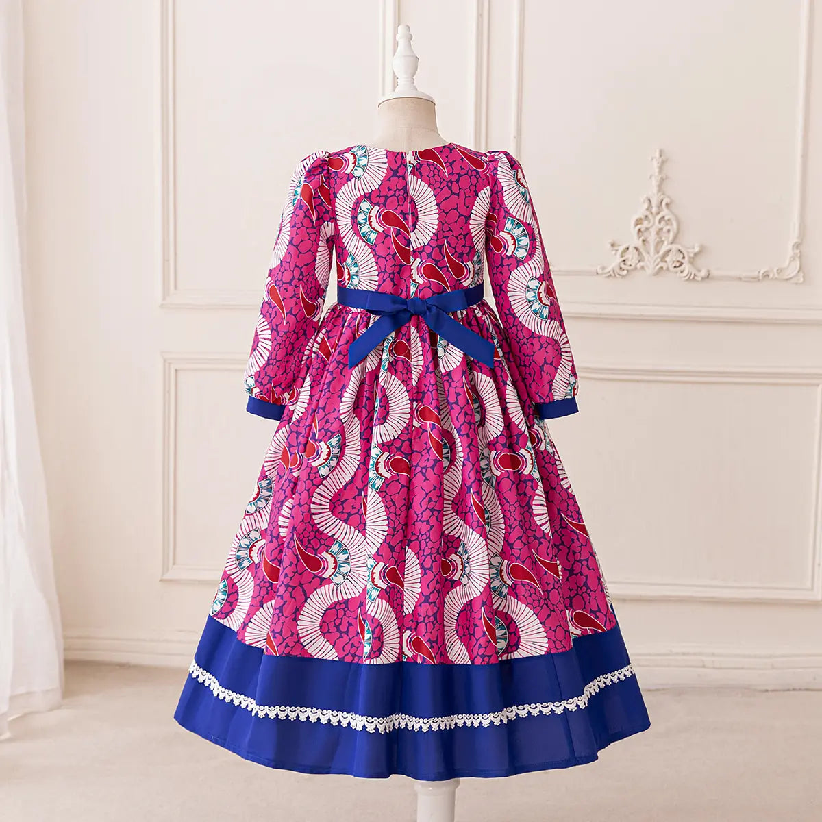 Girls Pink Paisley Print Fit & Flare Dress With Long Sleeves Casual Dresses