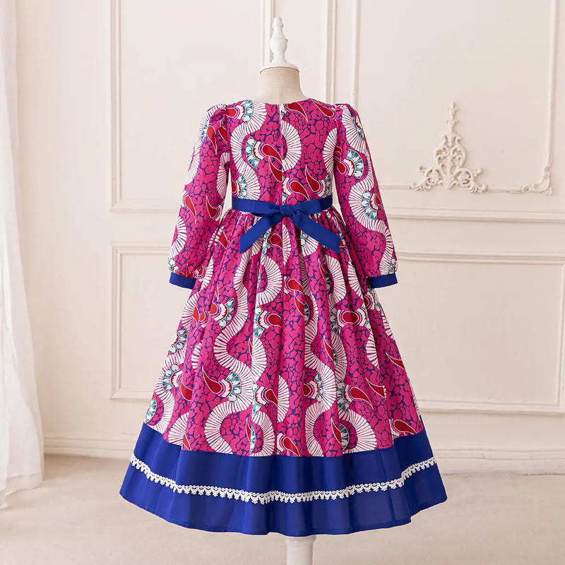 Girls Pink Paisley Print Fit & Flare Dress With Long Sleeves Casual Dresses