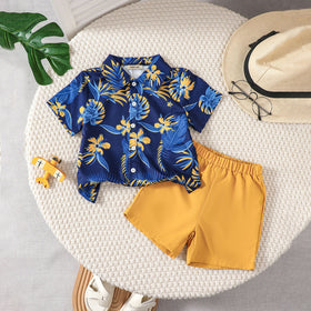 Boys Blue Tropical Print Short Sleeves Shirt With Shorts Set 2 pc. Sets