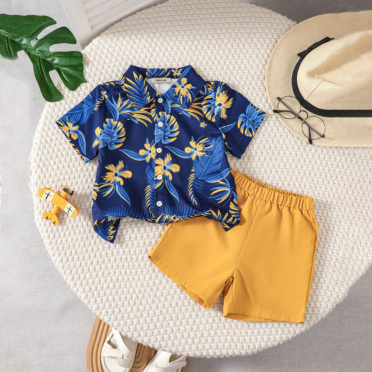 Boys Blue Tropical Print Short Sleeves Shirt With Shorts Set 2 pc. Sets