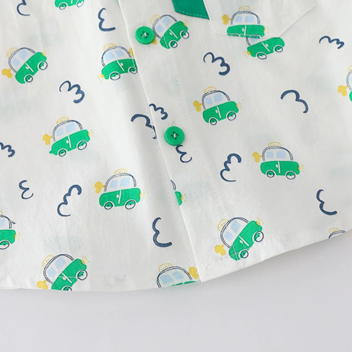 Boys Light Green Car Printed Short Sleeve Shirt With Denim Shorts Sets 2 pc. Sets