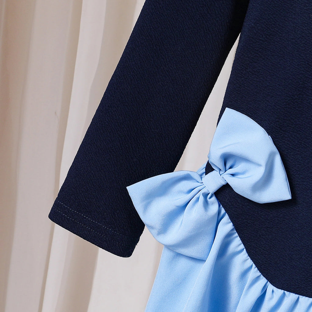 Girls Navy Blue Long Sleeve Drop-Waist Dress Casual Dresses