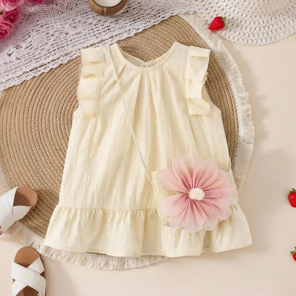 Girls Cream Sleeveless Summer A-line Dress With Sling Bag Casual Dresses Cream 1-2 Y