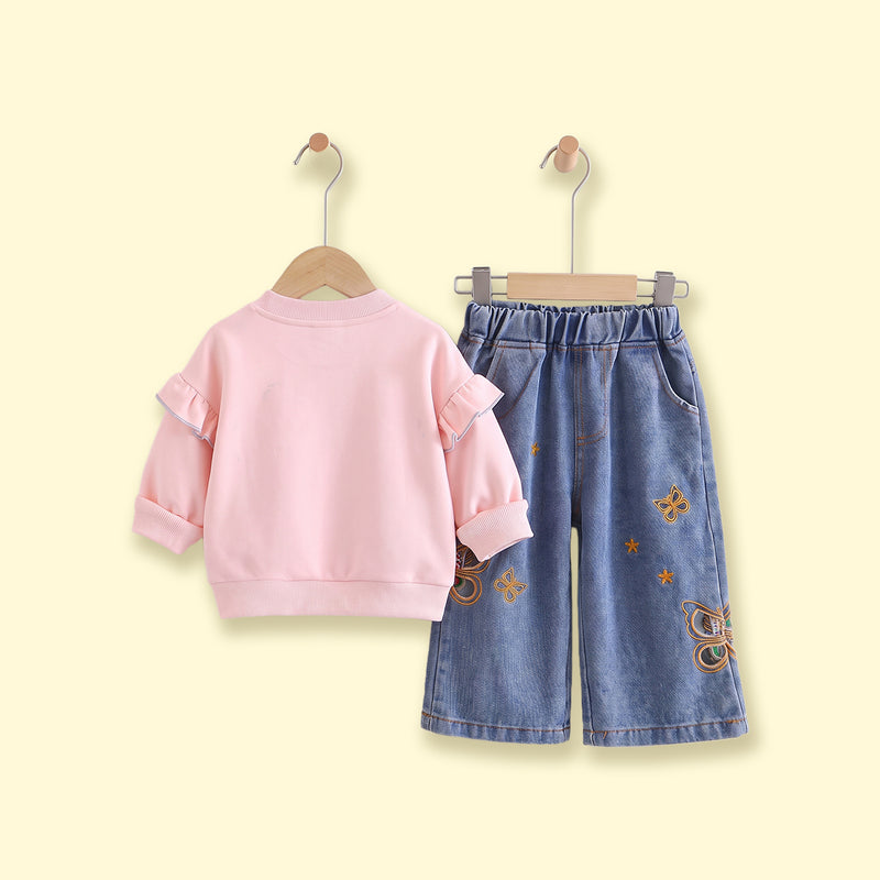 Girls Pink Butterfly Embellished Sweatshirt & Denim Pants Sets Sets