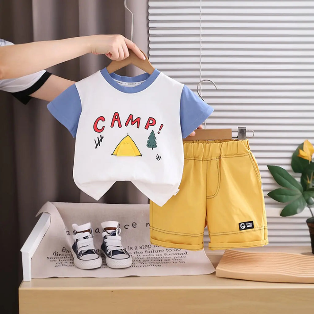 Boys White Camp Graphic Round Neck T-Shirt with Elasticated Shorts Sets 2 pc. Sets White 1-2 Y