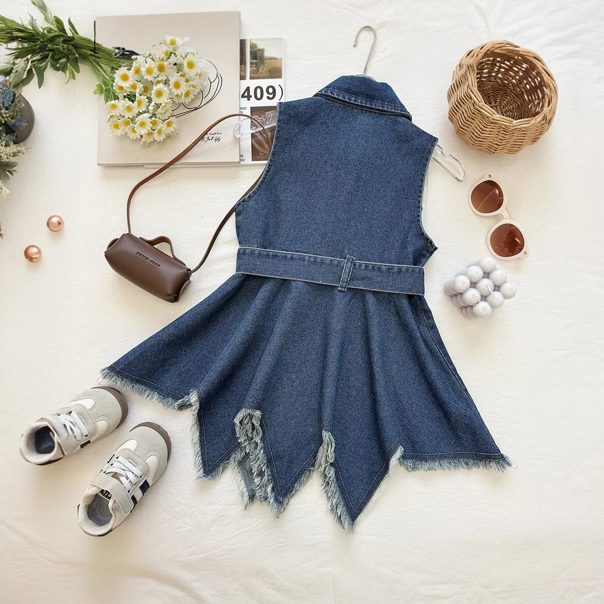 Girls Blue Asymmetrical Hem Sleeveless Denim Dress Casual Dresses