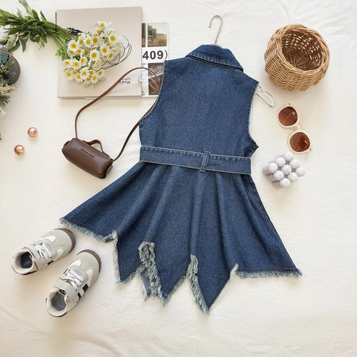 Girls Blue Asymmetrical Hem Sleeveless Denim Dress Casual Dresses