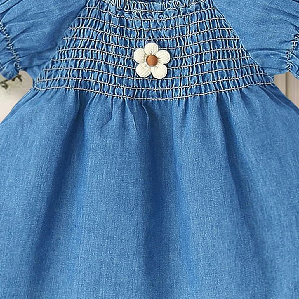 Girls Blue Denim Smocked Fit & Flare Casual Dress Casual Dresses