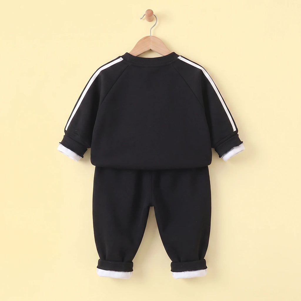 Boys Black Long-Sleeve Crewneck Sweatshirt & Elasticated Pants Sets With White Stripe 2 pc. Sets