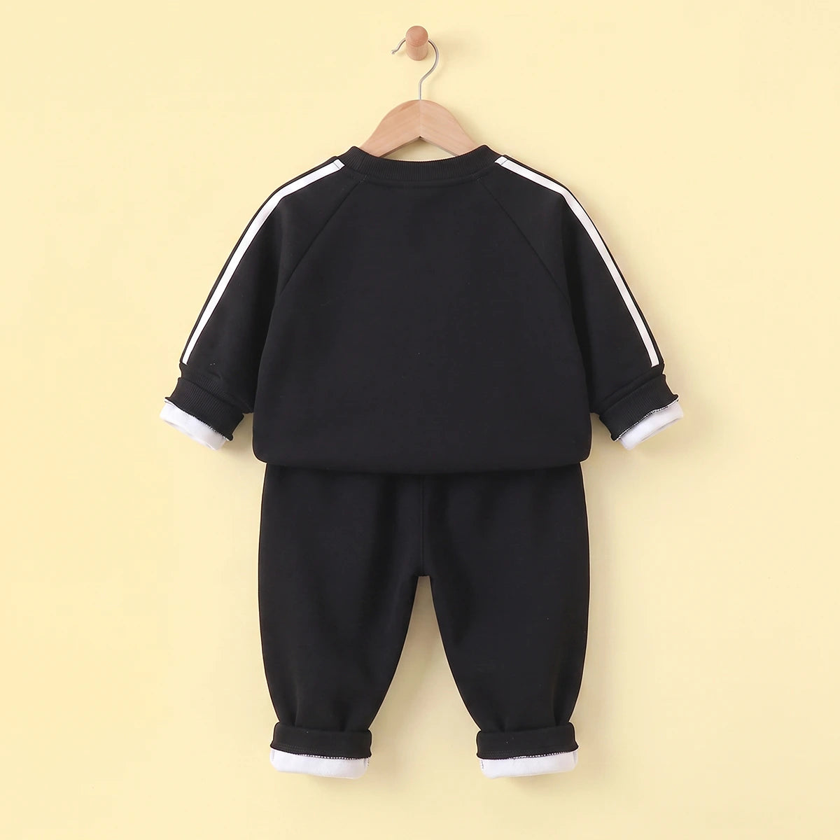 Boys Black Long-Sleeve Crewneck Sweatshirt & Elasticated Pants Sets With White Stripe 2 pc. Sets