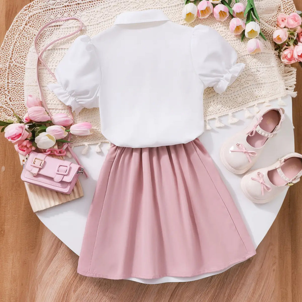 Girls White Puff Sleeves Collared Top With Pleated Skirts Set Sets