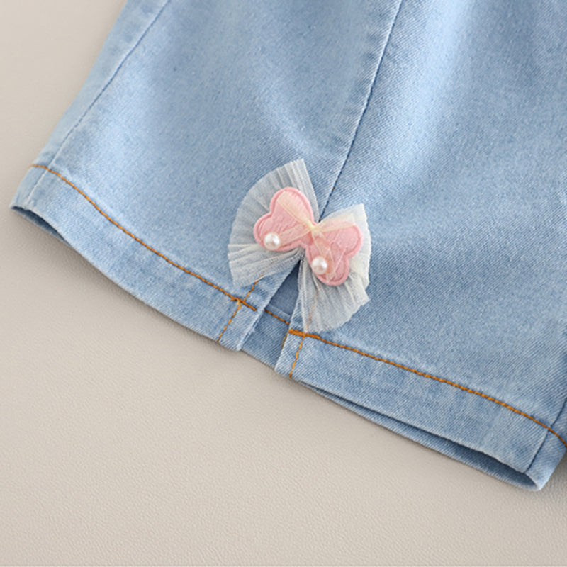 Girls Light Pink Short Sleeves Round Neck Top With Denim Shorts Set 2 pc. Sets