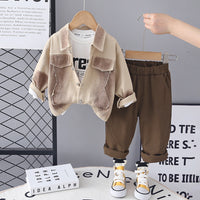 Boys Khaki Solid Shacket With Printed T-Shirt & Pants Set Sets Khaki 1-2 Y