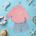 Girls Long Sleeve Stripes Shirt With Sleeveless Top & Denim Shorts Sets Pink 2-3 Y 