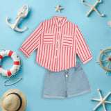 Girls Long Sleeve Stripes Shirt With Sleeveless Top & Denim Shorts