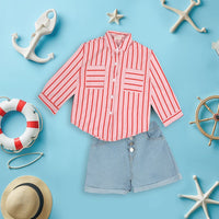 Girls Long Sleeve Stripes Shirt With Sleeveless Top & Denim Shorts Sets Pink 2-3 Y 