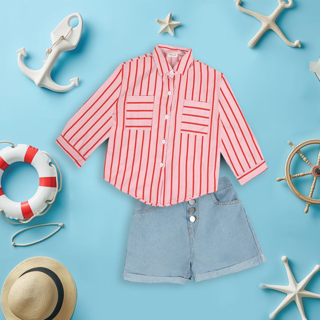 Girls Long Sleeve Stripes Shirt With Sleeveless Top & Denim Shorts Sets Pink 2-3 Y 