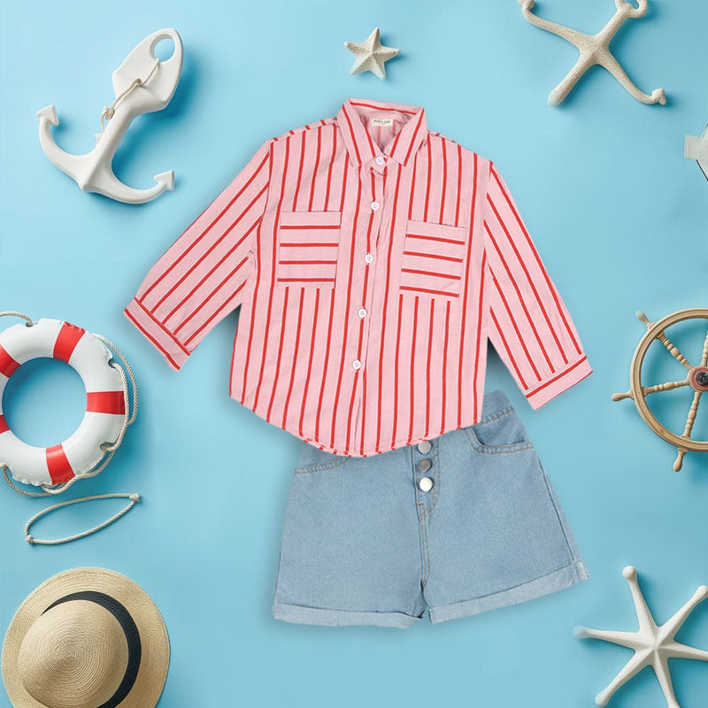Girls Long Sleeve Stripes Shirt With Sleeveless Top & Denim Shorts Sets Pink 2-3 Y 