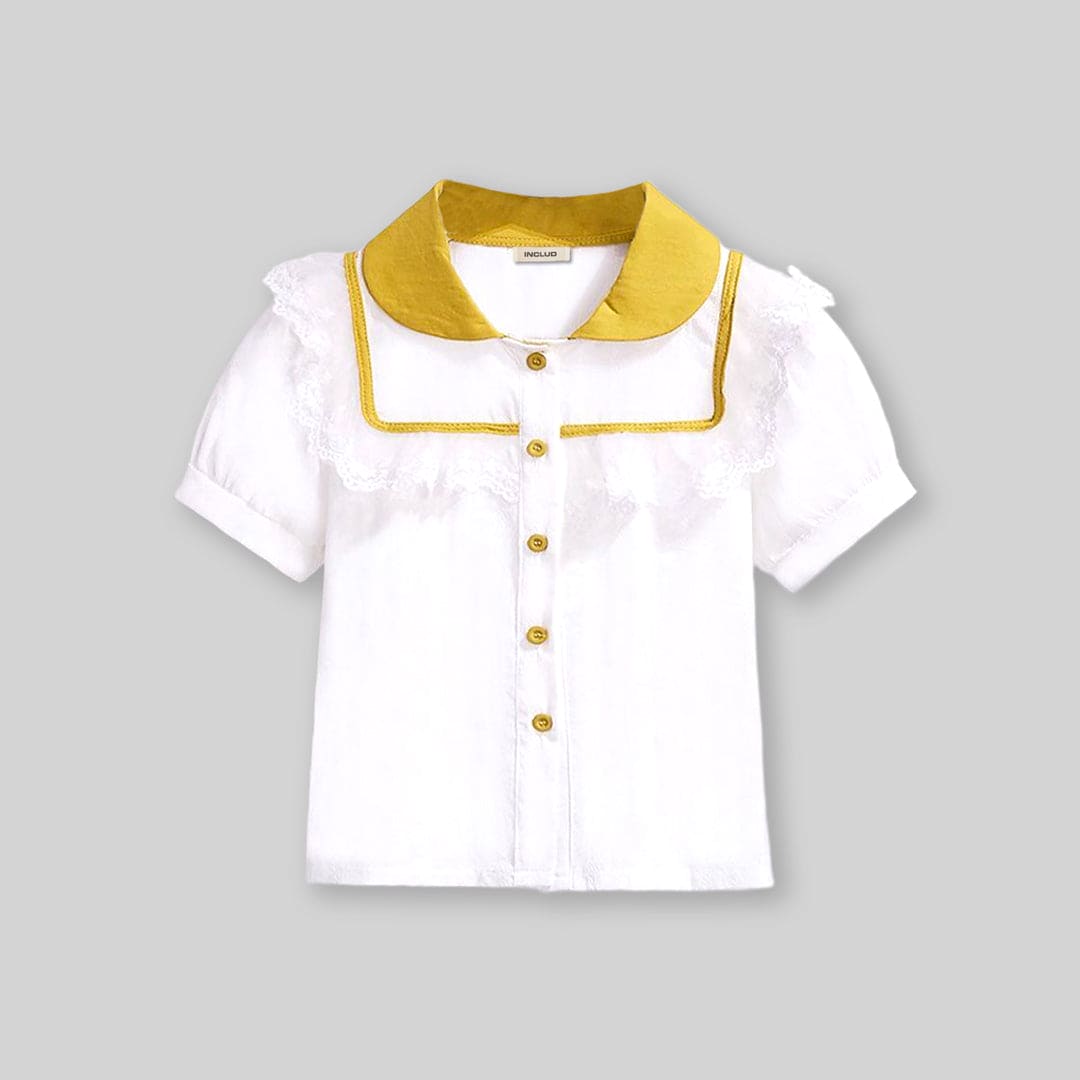 Girls Short Sleeve Peter Pan Collar Lace Top With Shorts Sets   