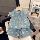 Girls Light Blue Floral Print Top With Elasticated Shorts Sets