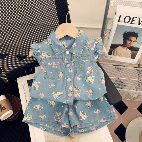 Girls Light Blue Floral Print Top With Elasticated Shorts Sets 2 pc. Sets Light Blue 2-3 Y