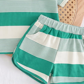 Girls Green Striped Short Sleeve T-Shirt With Shorts Sets 2 pc. Sets