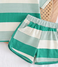 Girls Green Striped Short Sleeve T-Shirt With Shorts Sets 2 pc. Sets