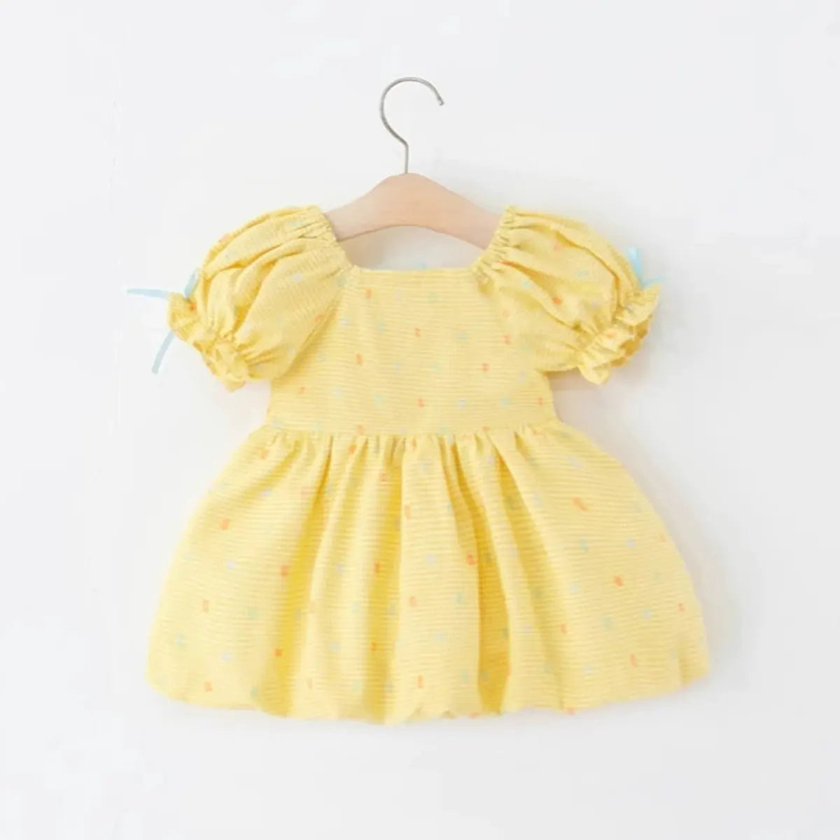 Girls Yellow Printed Fit & Flare Dress With Puff Sleeves Casual Dresses