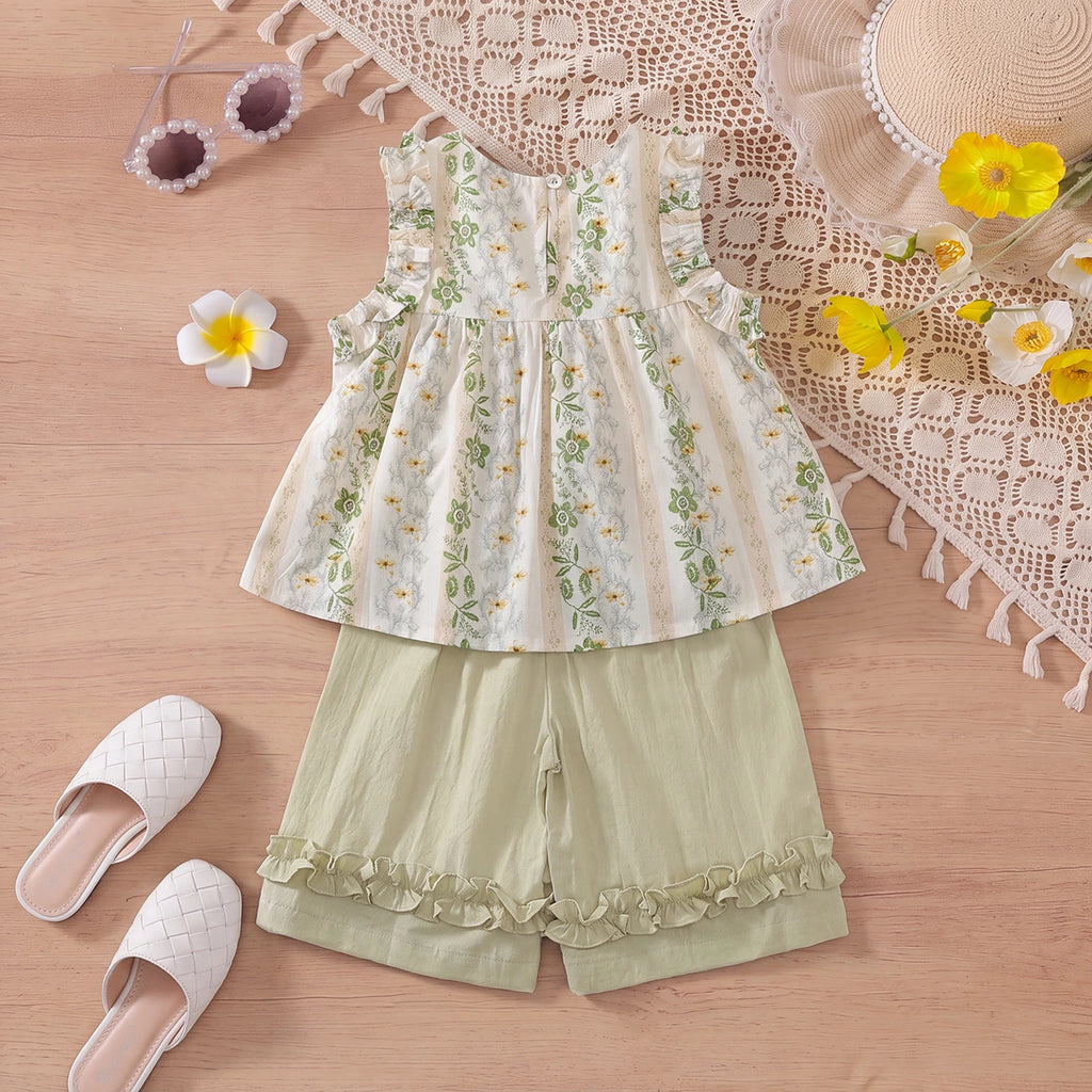 Girls Green Floral Print Sleeveless Top With Crop Pants Sets 2 pc. Sets