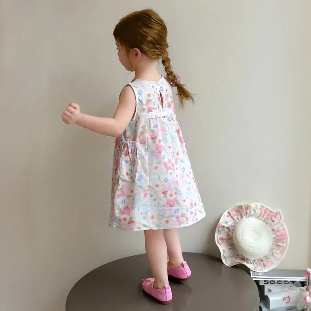 Girls Pink Floral Print Sleeveless A-Line Casual Dress Casual Dresses