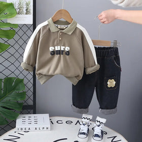 Boys Green Letters Printed Polo SweatShirt With Denim Pants Set Sets Green 1-2 Y