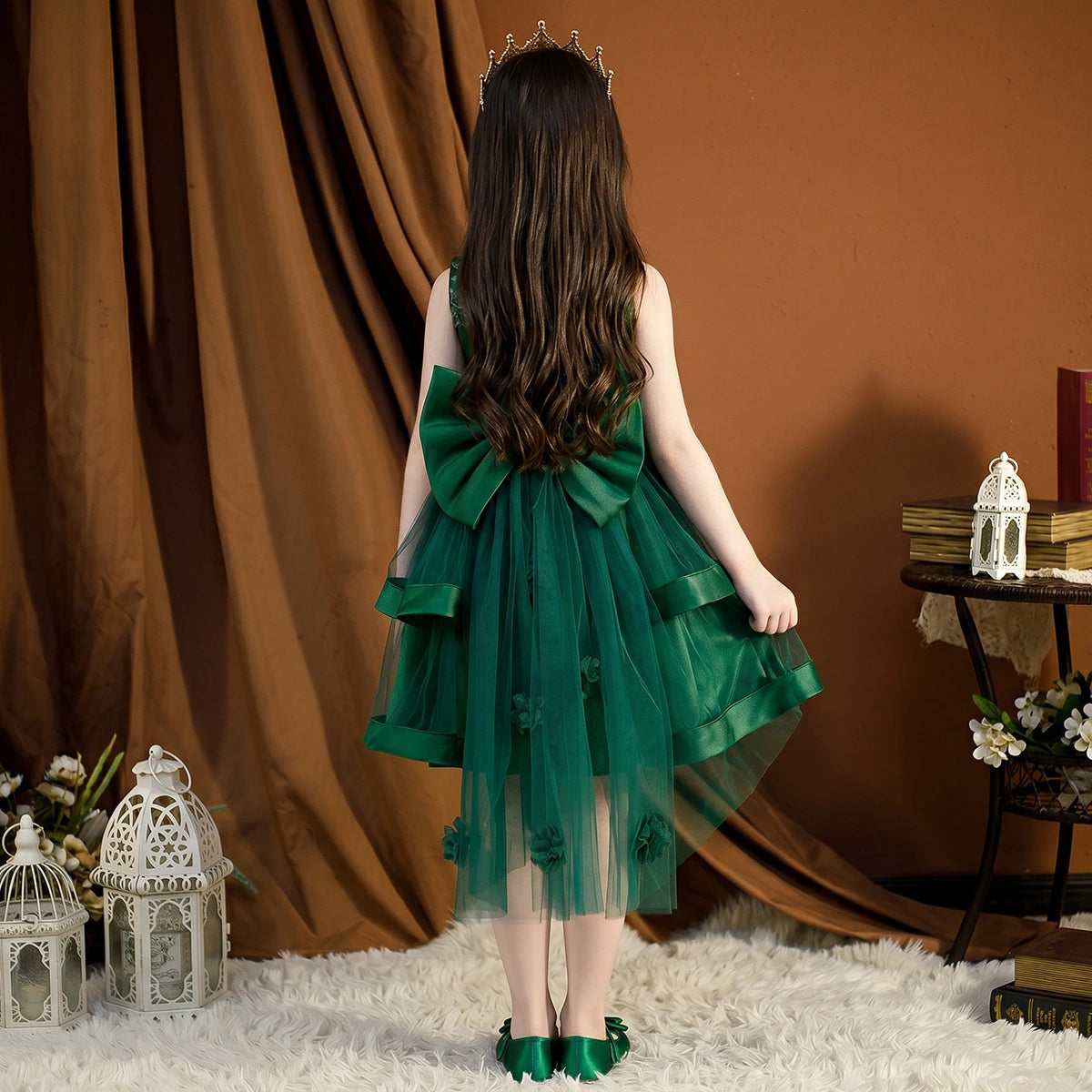 Girls Green Embroidered Sleeveless Layered Party Dress With Bow Party Dresses