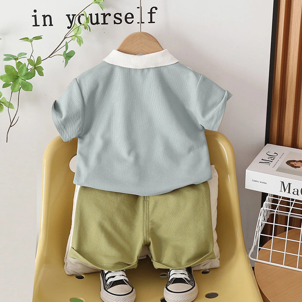 Boys Light Blue Dinosaur Applique Polo T-Shirt With Shorts Set Sets