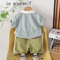Boys Light Blue Dinosaur Applique Polo T-Shirt With Shorts Set Sets