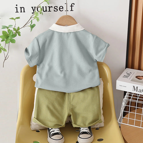Boys Light Blue Dinosaur Applique Polo T-Shirt With Shorts Set Sets