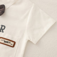 Boys White Printed Short Sleeves Shirt With Checked Suspenders Shorts Set Sets