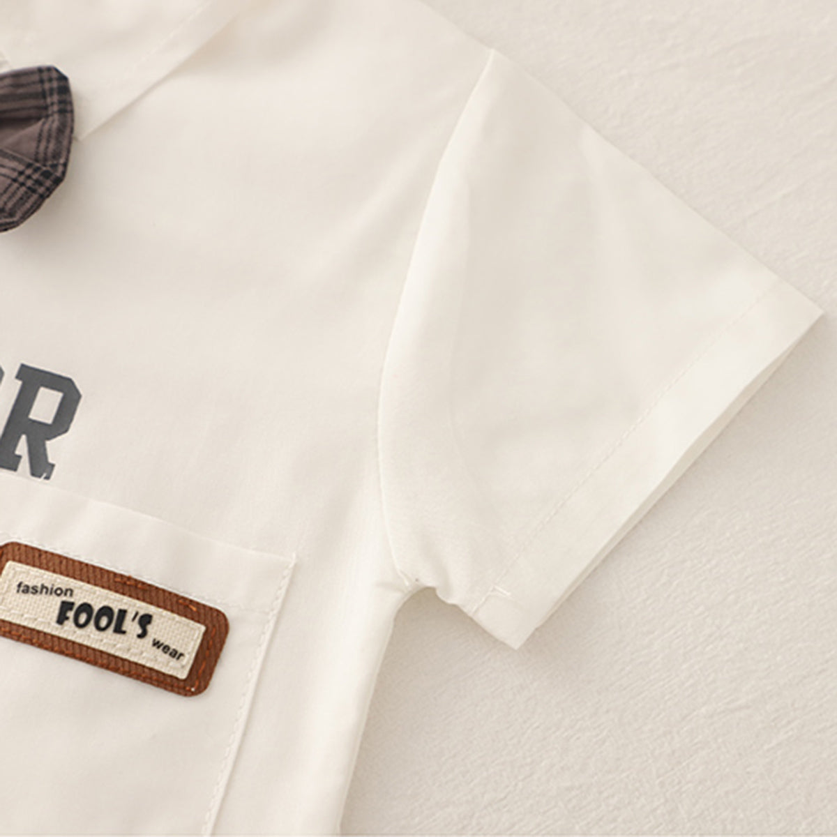 Boys White Printed Short Sleeves Shirt With Checked Suspenders Shorts Set Sets