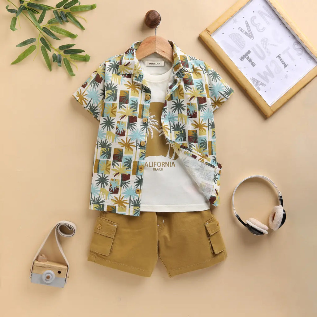 Boys Khaki Tropical Print Shirt With Printed T-Shirt And Twill Shorts Sets 3 pc. Sets Khaki 9-12 M